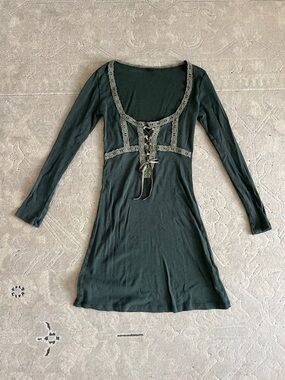 Lace-Trim Long Sleeve Scoop Neck Dress - Deep Green